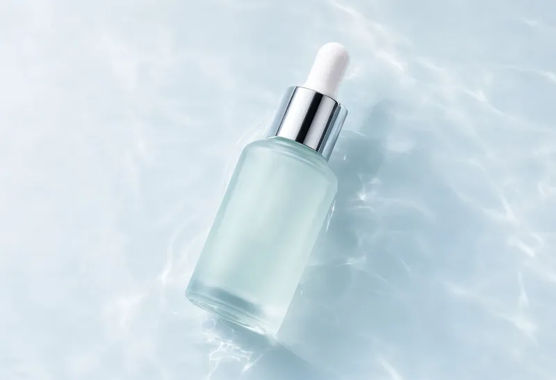 ซีรั่มหยดแก้วใสพร้อมเงาสะท้อนน้ำสีฟ้า 1 — ภาพถ่ายสต็อกฟรี (สินค้าและเชิงพาณิชย์: ขวดซีรั่มใส, เงาสะท้อนแก้ว, โฆษณาสกินแคร์)