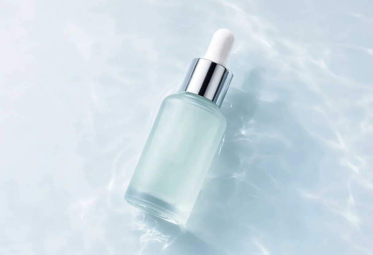 Clear Glass Dropper Serum with Blue Water Reflections 1 — free stock photo (Product & Commercial: clear serum bottle, glass reflections, skincare advertising)