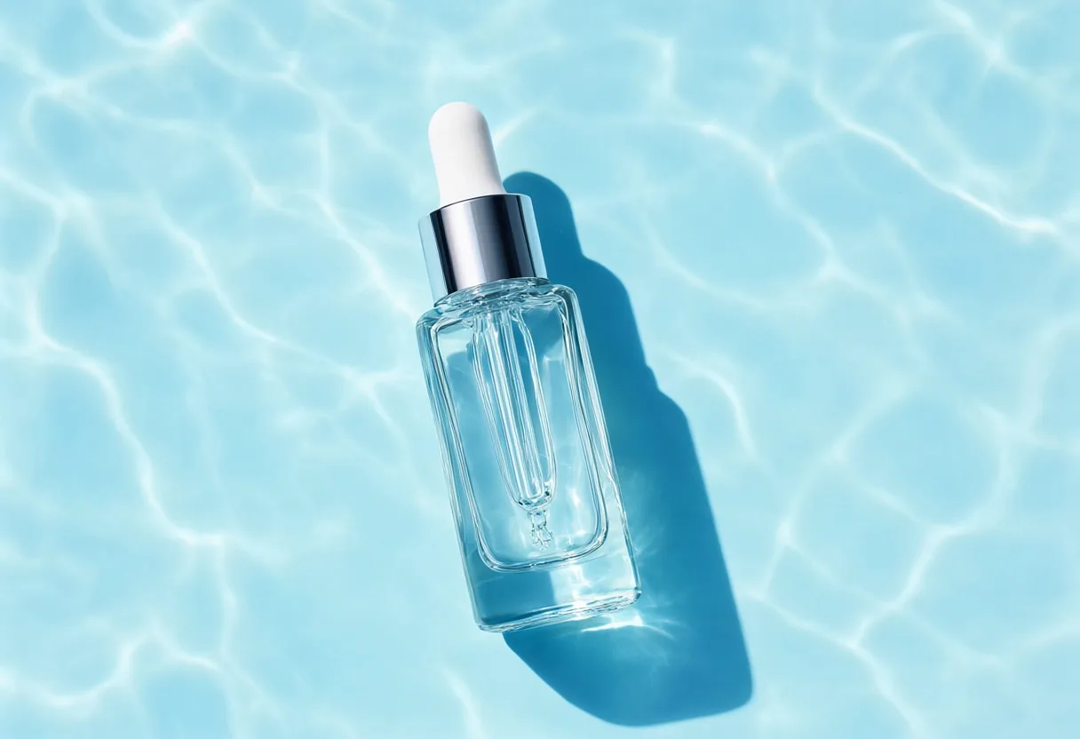 Clear Glass Dropper Serum with Blue Water Reflections 2 — free stock photo (Product & Commercial: clear serum bottle, glass reflections, skincare advertising)