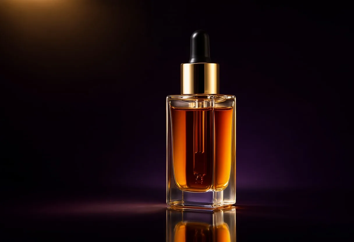 Amber Glass Dropper Bottle on a Dark Background — free stock photo (Product & Commercial: serum, black background, gold accents)
