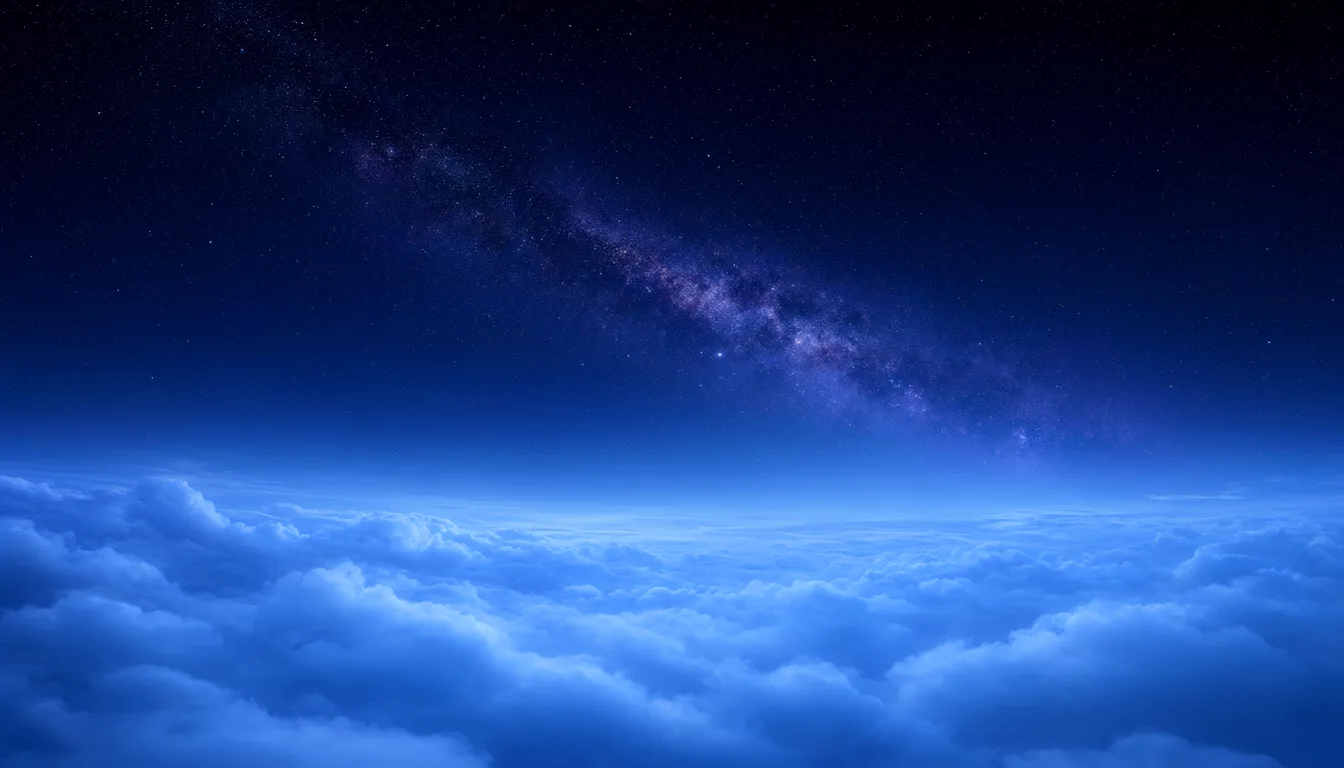 A star-filled midnight blue sky with the Milky Way stretching above a glowing sea of blue clouds.