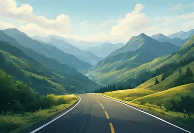 Scenic Mountain Road and Green Valley (AI-generated)