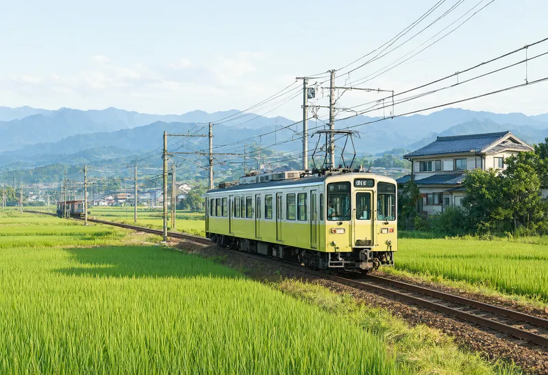 รถไฟชนบทญี่ปุ่นและนาข้าวสีเขียว 1