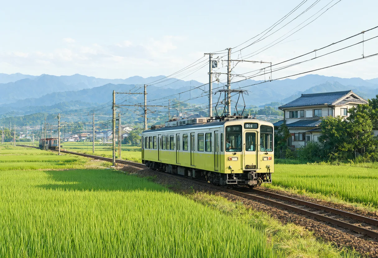 Japanese Countryside Railway and Green Rice Fields 1