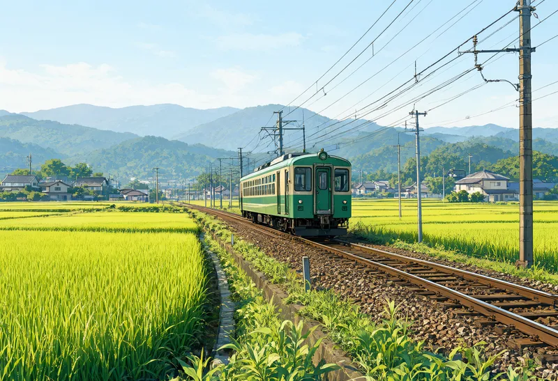 รถไฟชนบทญี่ปุ่นและนาข้าวสีเขียว 2