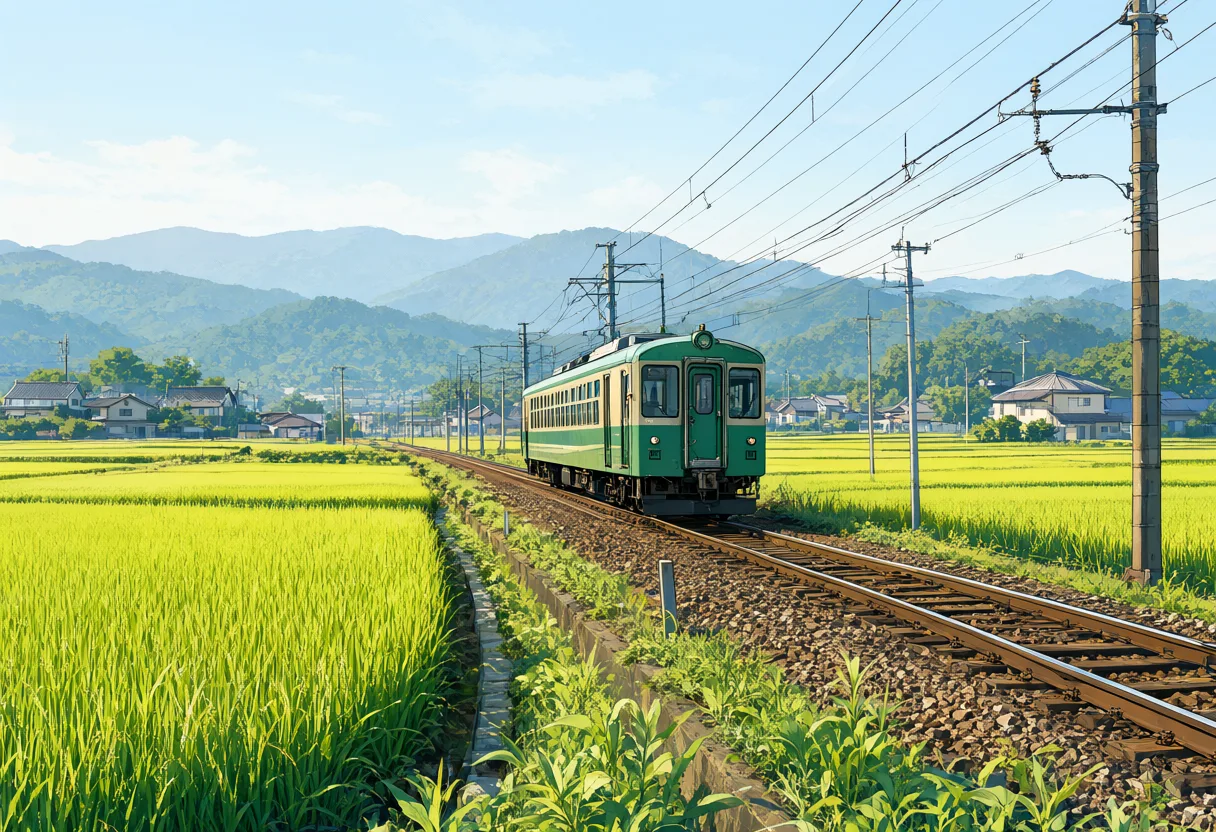 รถไฟชนบทญี่ปุ่นและนาข้าวสีเขียว 2