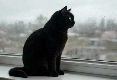Black Cat by Rainy Window (AI-generated)