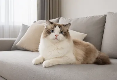 Fluffy Blue-Eyed Cat Relaxing on a Sofa (AI-generated)