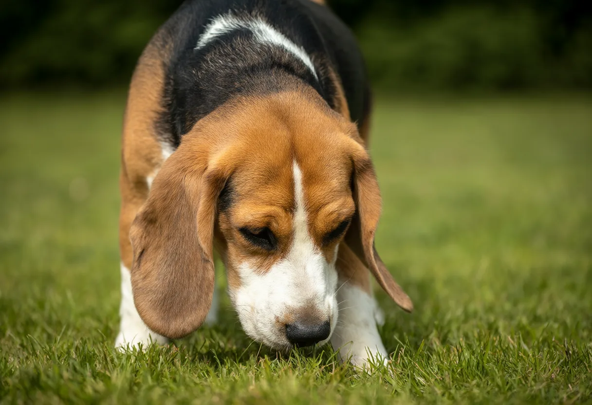 A tricolor Beagle sniffing grass in a park. (AI-generated)