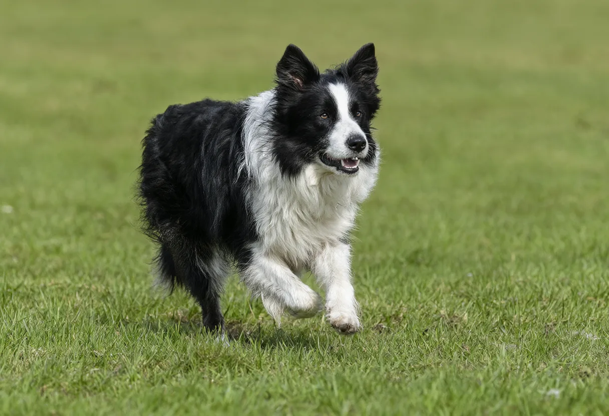 A black and white Border Collie running across a green field. (AI-generated)