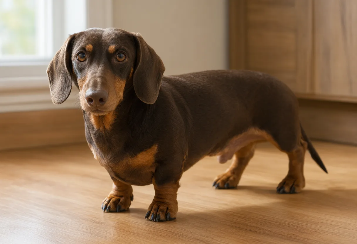 A chocolate and tan Dachshund standing on a wooden floor indoors. (AI-generated)