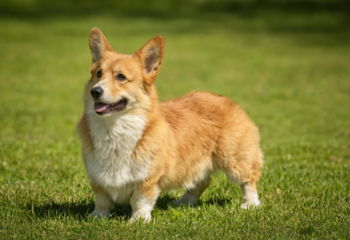 - A reddish tan and white Corgi standing on a grassy lawn. (AI-generated)
