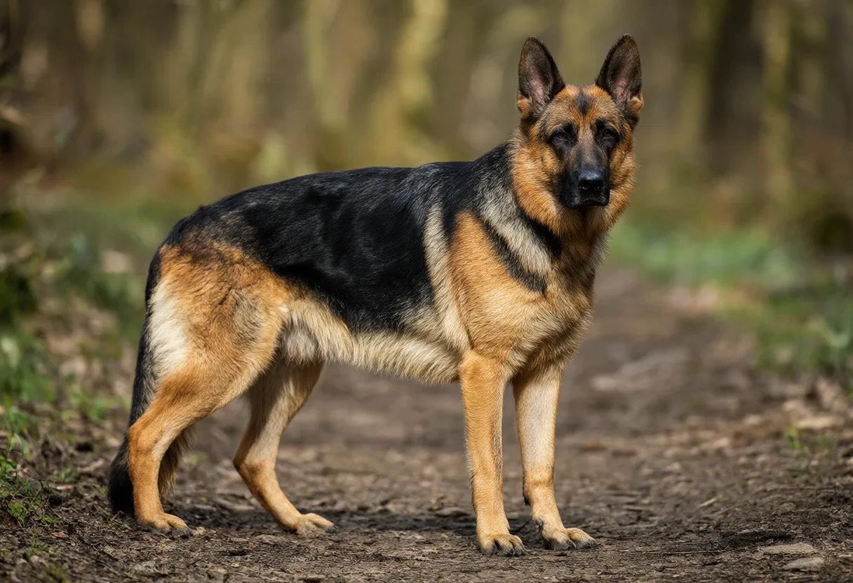 A black and tan German Shepherd standing on a woodland trail. (AI-generated)