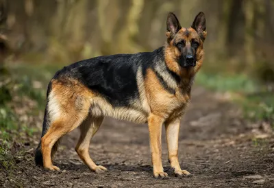 German Shepherd Standing on a Woodland Trail (AI-generated)