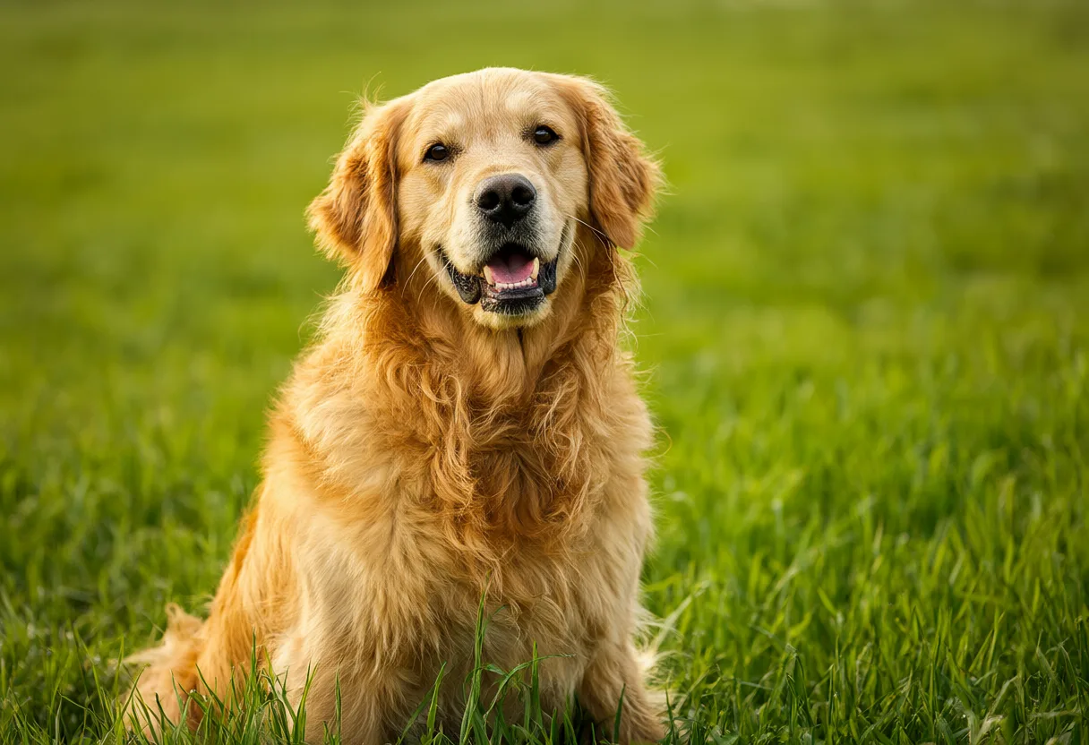 A golden retriever sitting on green grass in a meadow. (AI-generated)