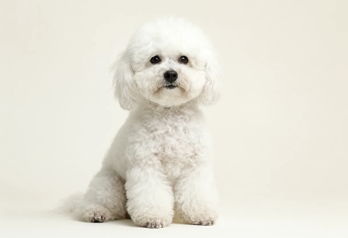 A white miniature poodle with curly fur sitting against a cream background. (AI-generated)