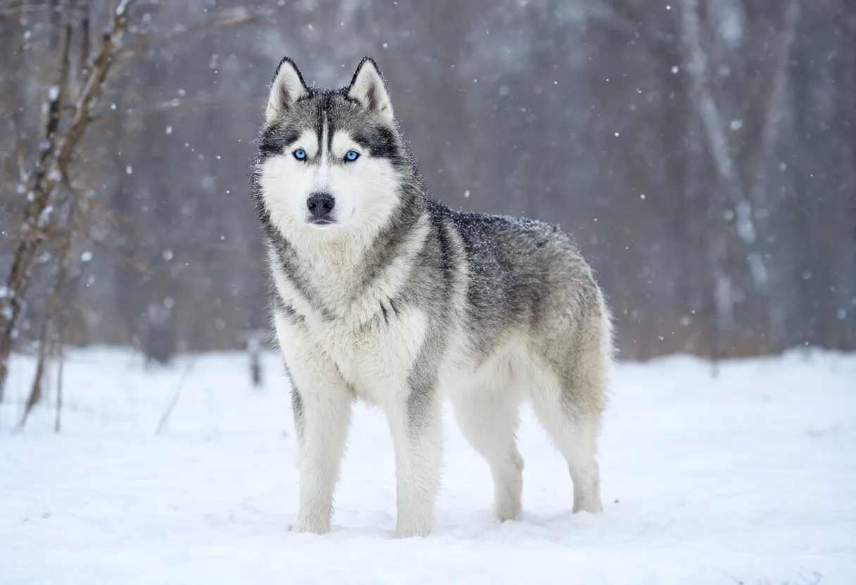 A gray and white Siberian husky with blue eyes standing on snow. (AI-generated)
