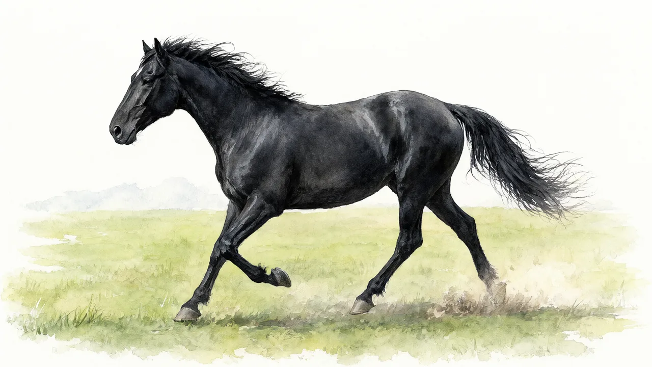 A black horse galloping across a grassy field. (AI-generated)