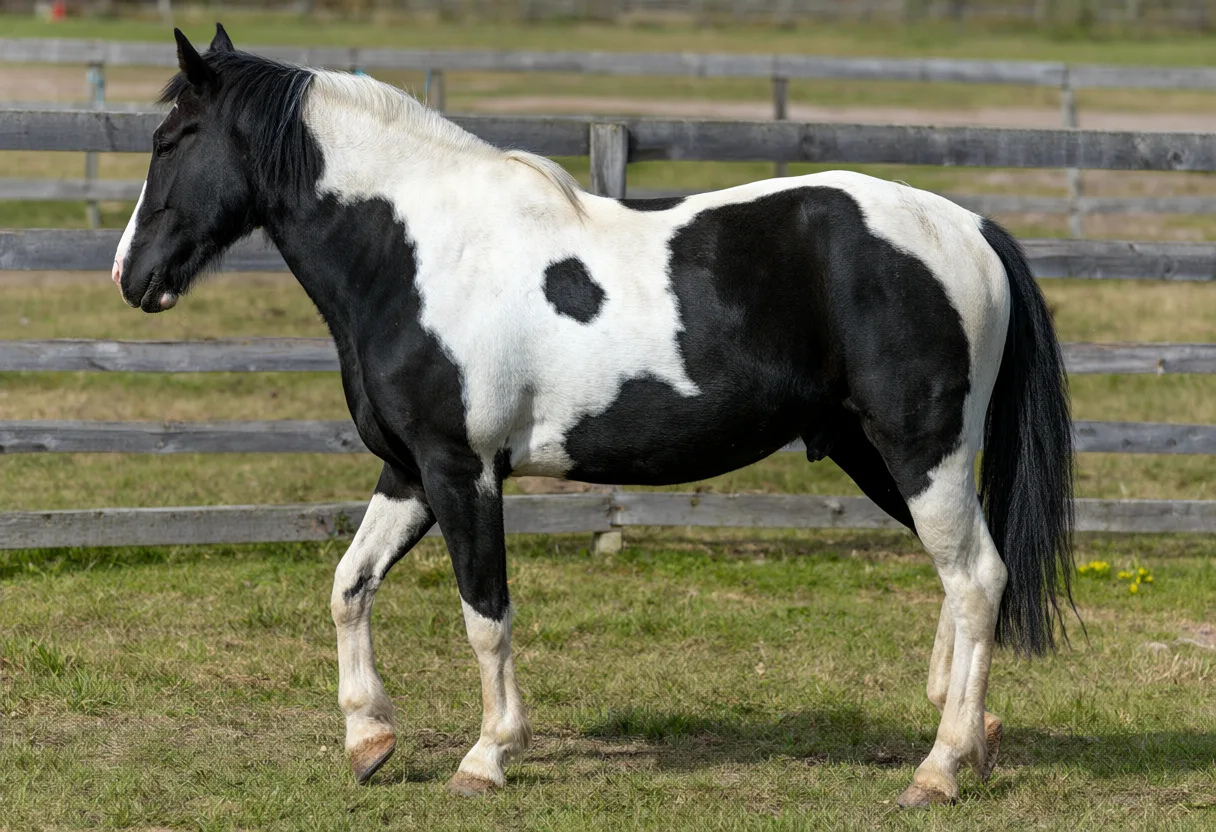 A black and white pinto horse standing in a paddock with a wooden fence. (AI-generated)