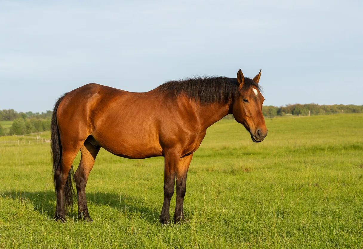 A chestnut horse standing in a green meadow. (AI-generated)