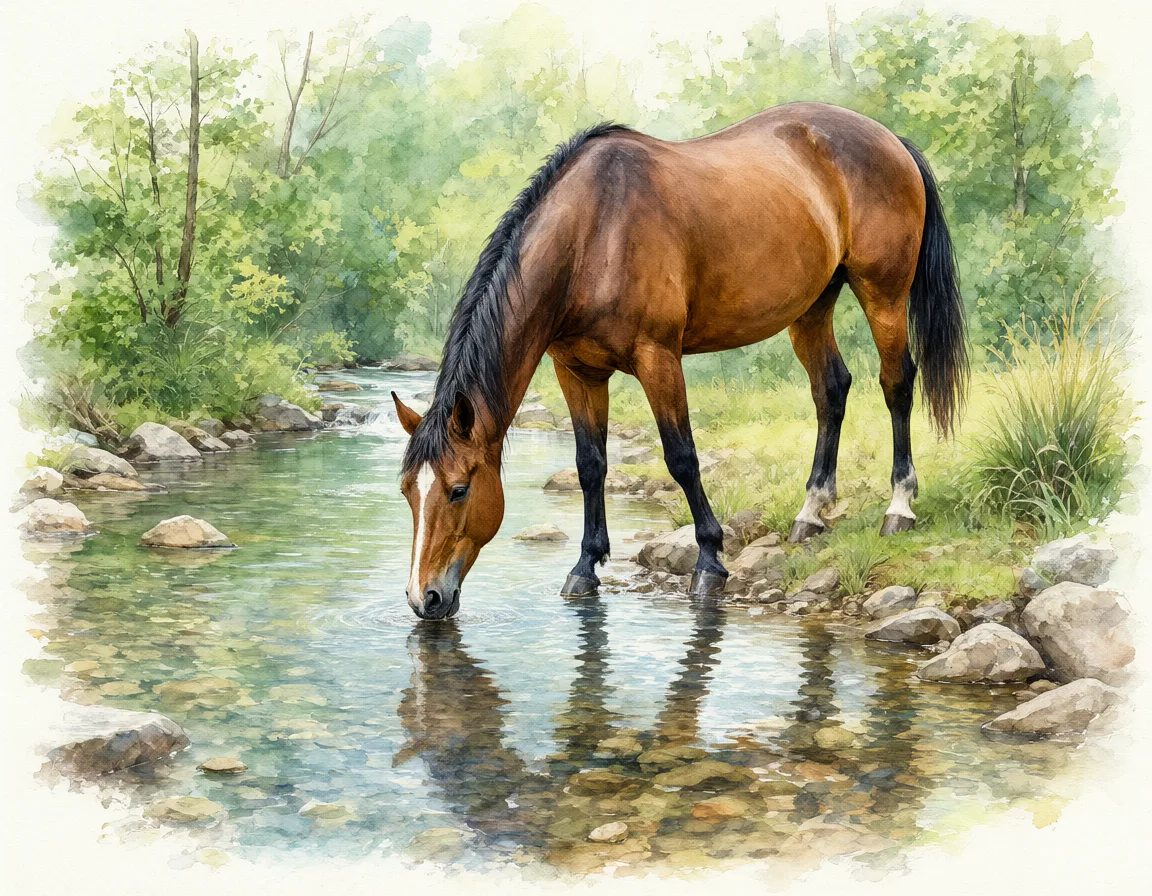 A brown horse drinking clear water from a stream in the woods. (AI-generated)