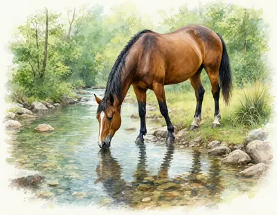 Brown Horse Drinking from a Forest Stream (AI-generated)