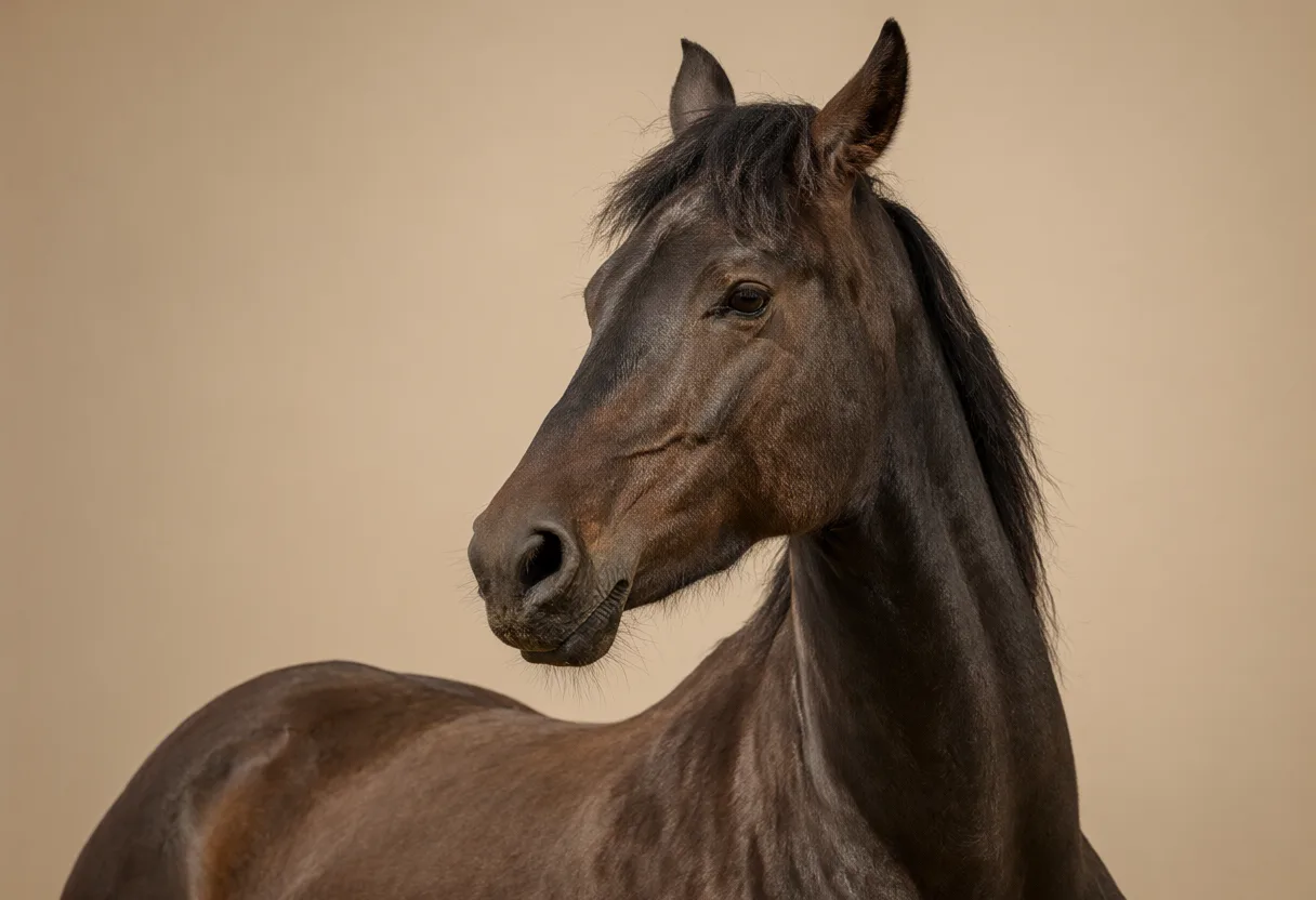 Close-up portrait of a dark brown horse against a beige background. (AI-generated)