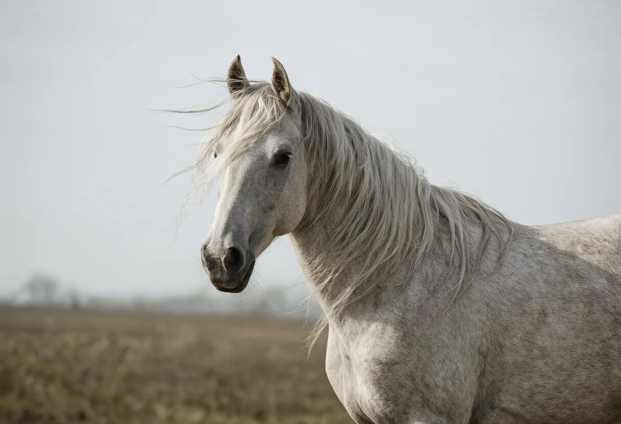 A light gray Arabian horse with a flowing mane standing in an open field. (AI-generated)
