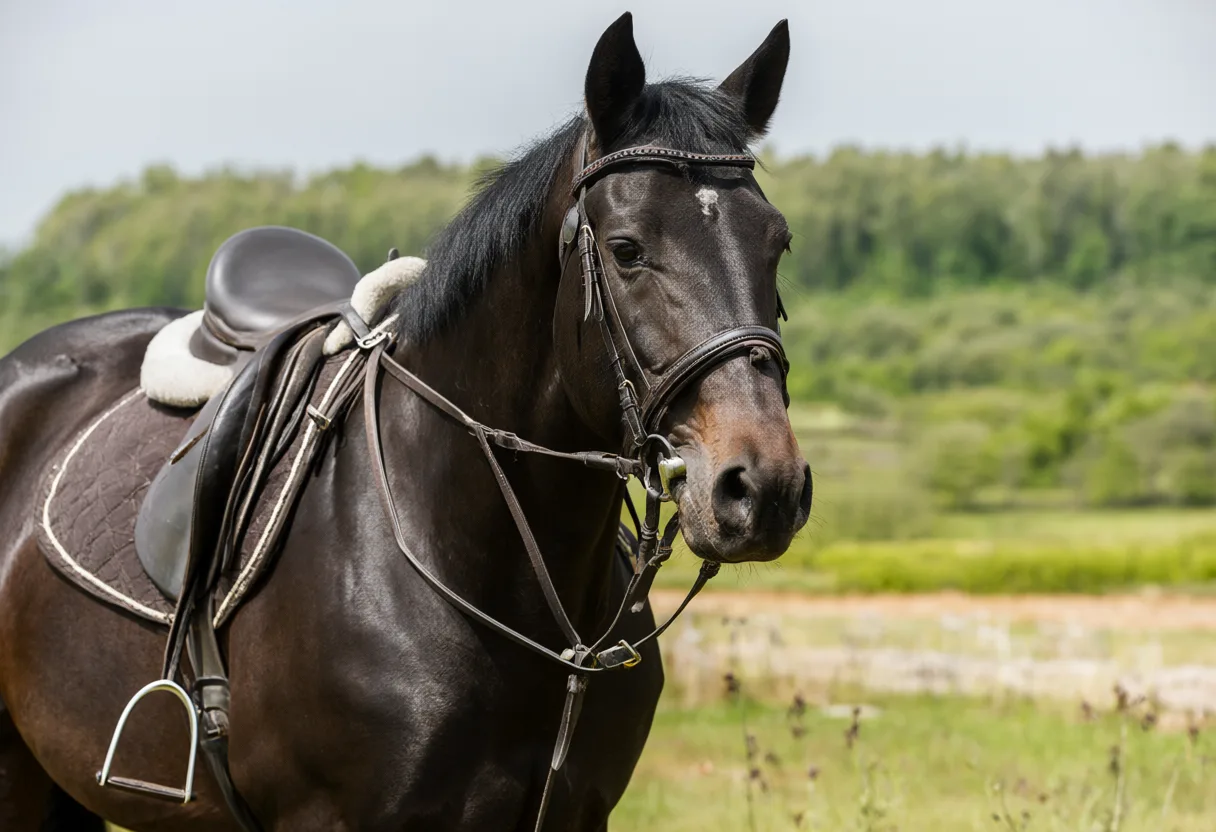 Saddled Bay Horse on a Countryside Trail (AI-generated)