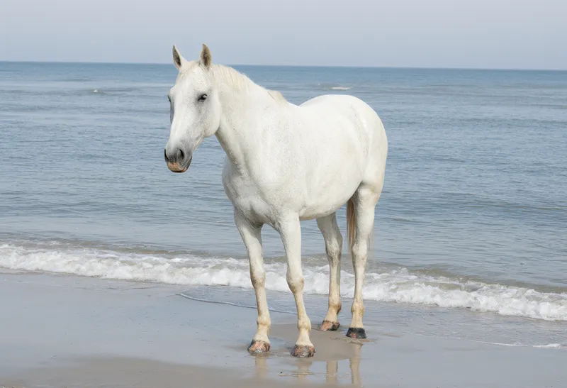 A white horse standing on a sandy beach beside a blue ocean. (AI-generated)