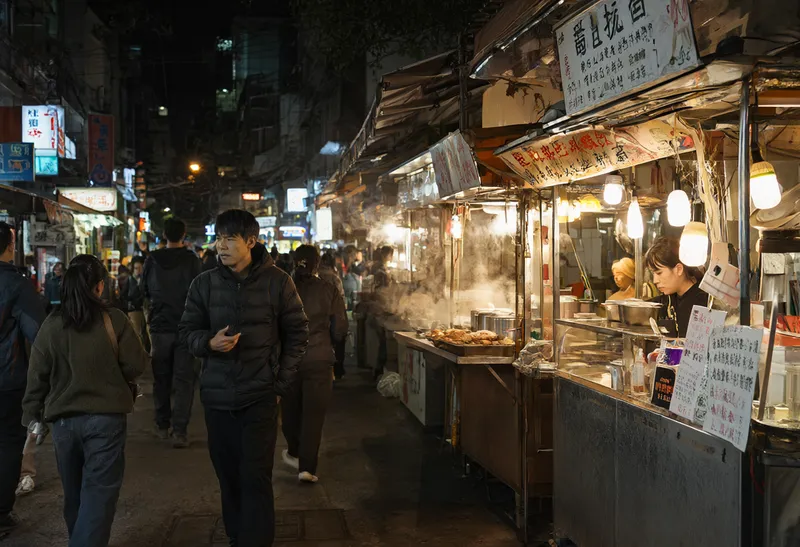 People walking through a busy Asian night market with illuminated street food stalls and rising steam (AI-generated)