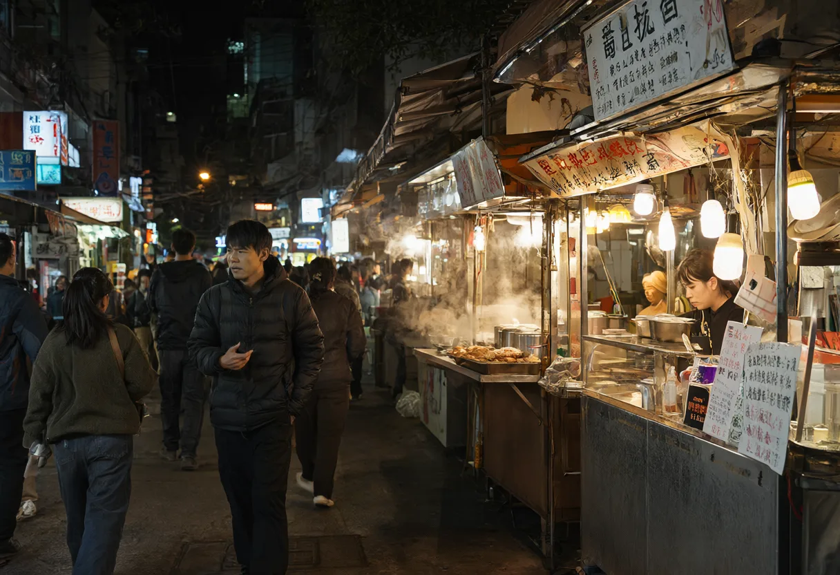 People walking through a busy Asian night market with illuminated street food stalls and rising steam (AI-generated)