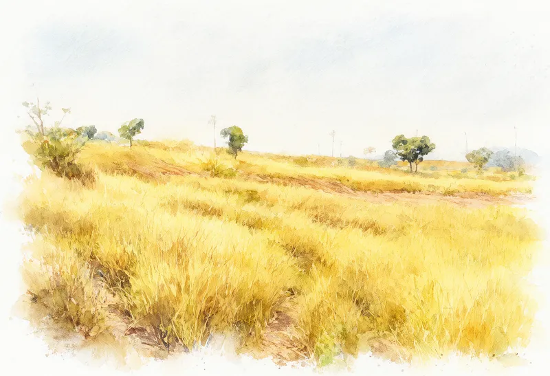 A golden grassland with scattered trees along the horizon, painted in soft watercolor tones (AI-generated)