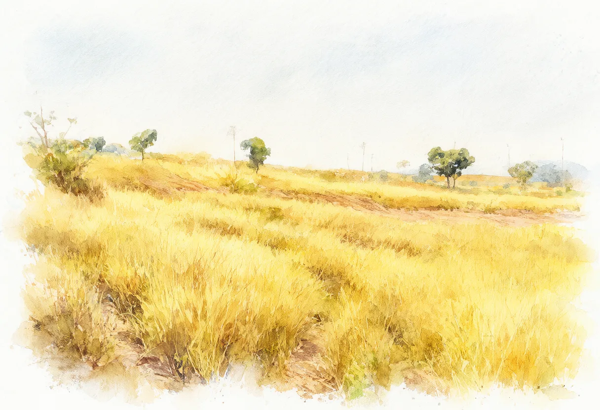 A golden grassland with scattered trees along the horizon, painted in soft watercolor tones (AI-generated)
