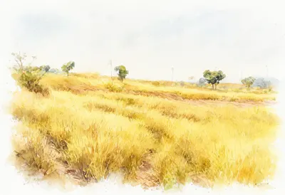 Golden Wheat Field Watercolor Landscape (AI-generated)