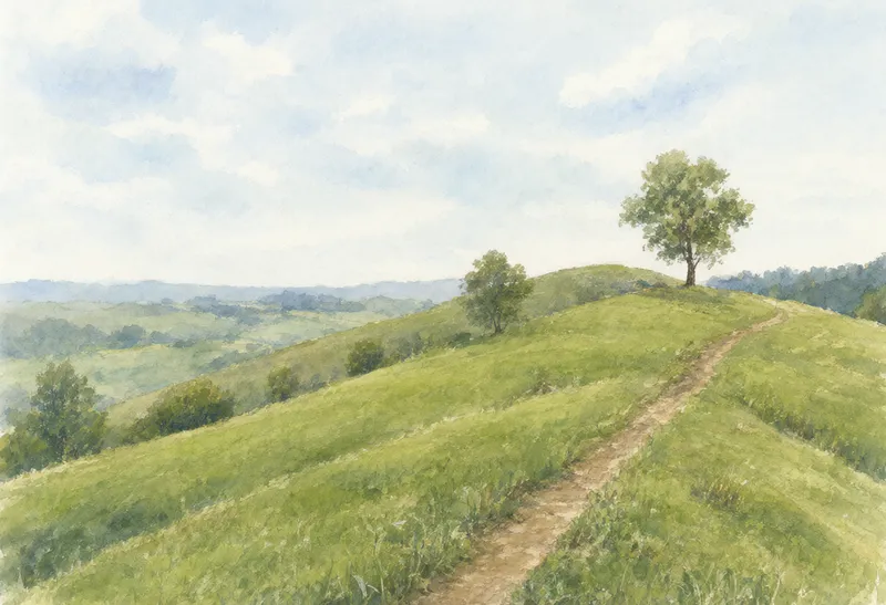Green rolling hills in the countryside, dotted with scattered trees and a small dirt (AI-generated)