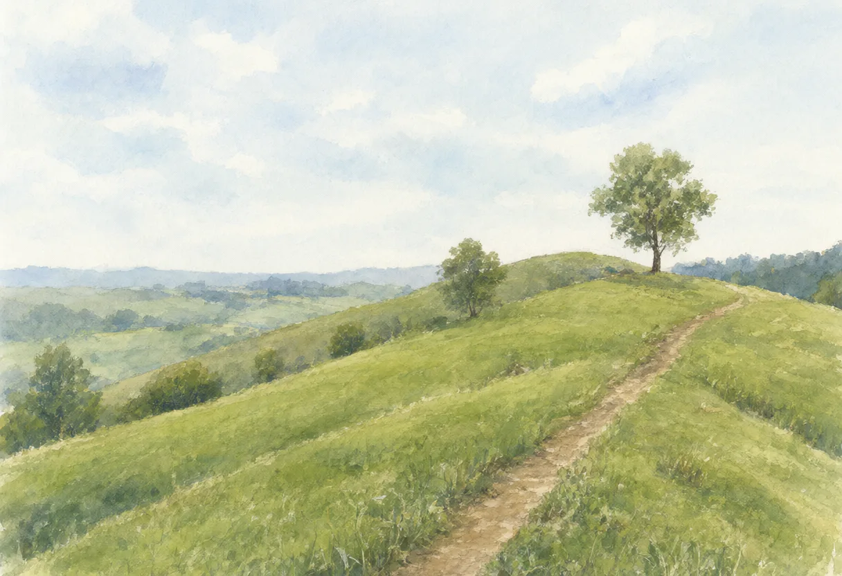 Green rolling hills in the countryside, dotted with scattered trees and a small dirt (AI-generated)
