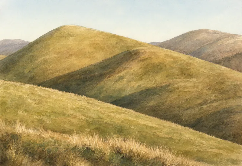 Rolling grassy hills glowing in warm golden-hour sunlight with distant mountain ridges. (AI-generated)