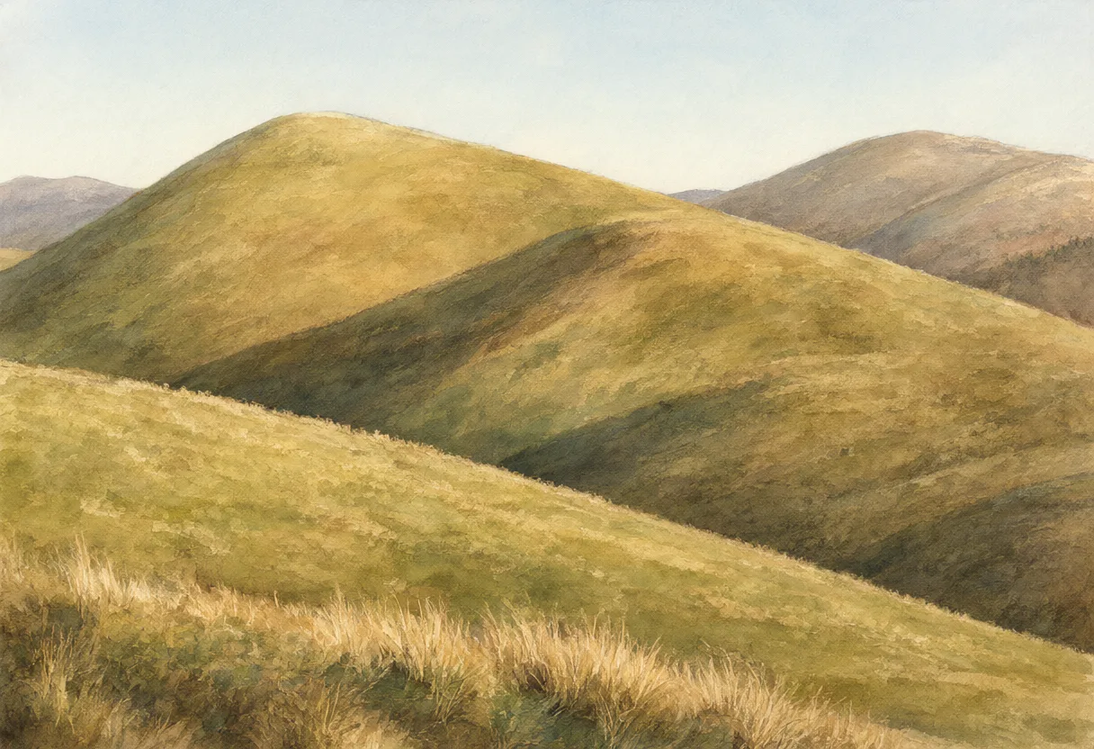Rolling grassy hills glowing in warm golden-hour sunlight with distant mountain ridges. (AI-generated)