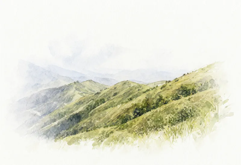 A minimalist watercolor landscape of layered green mountain ridges beneath a pale sky. (AI-generated)