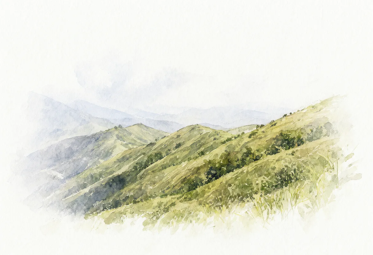 A minimalist watercolor landscape of layered green mountain ridges beneath a pale sky. (AI-generated)