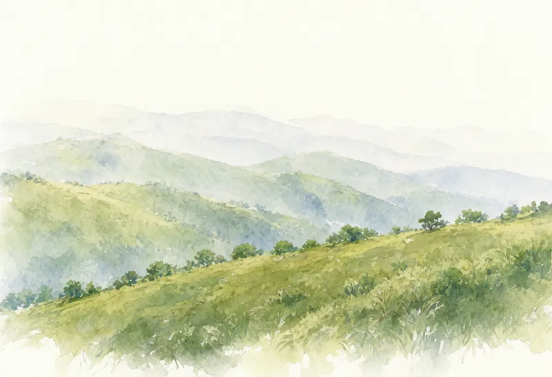 A watercolor painting of soft green hills with misty mountain ranges fading into the distance. (AI-generated)