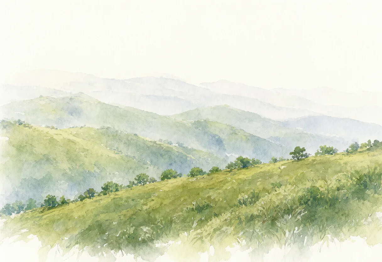 A watercolor painting of soft green hills with misty mountain ranges fading into the distance. (AI-generated)
