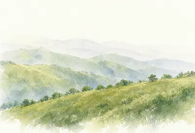 Soft Green Hills and Misty Mountains Watercolor (AI-generated)