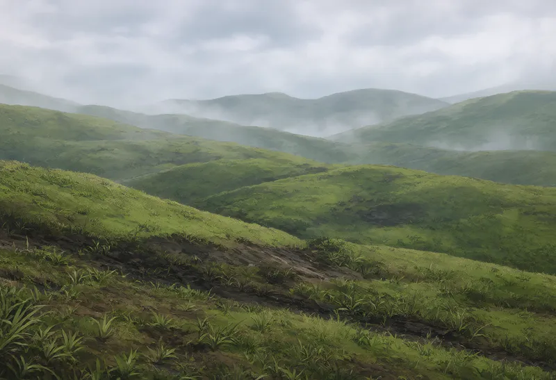 Green hills after rainfall, with damp grass, dark soil, light mist (AI-generated)