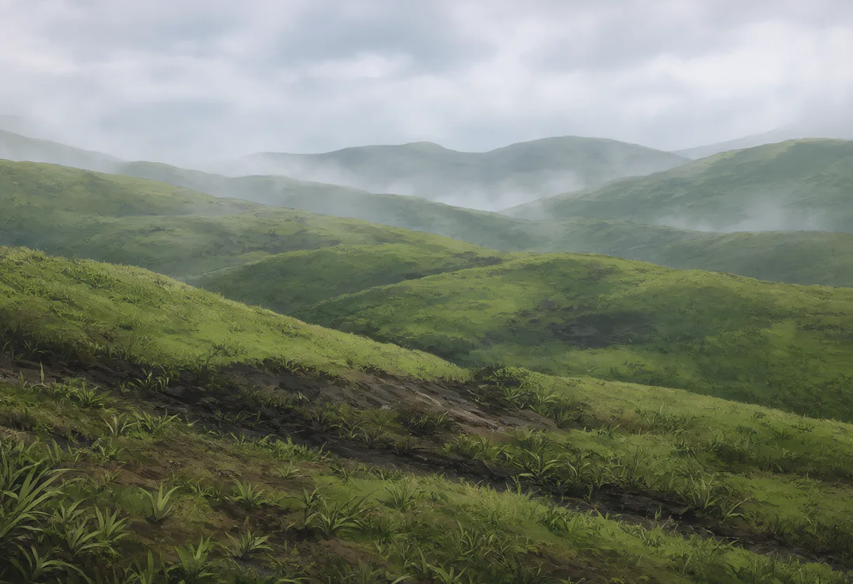 Green hills after rainfall, with damp grass, dark soil, light mist (AI-generated)