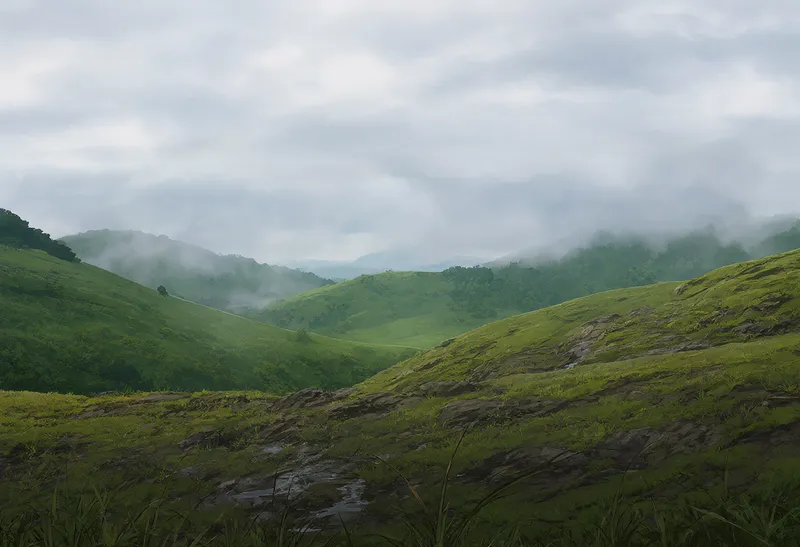 Rolling green hills with mist drifting through distant mountain valleys beneath an overcast sky. (AI-generated)