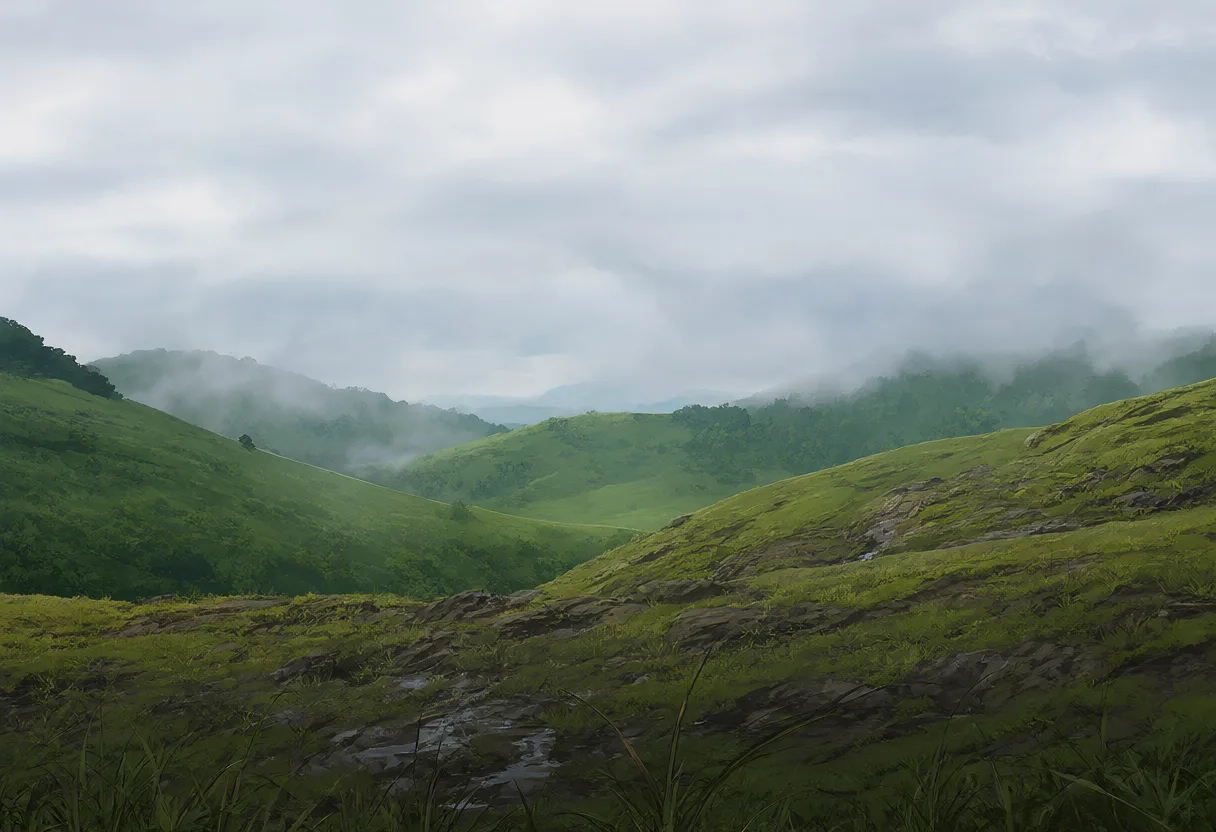 Rolling green hills with mist drifting through distant mountain valleys beneath an overcast sky. (AI-generated)