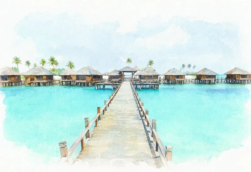 A watercolor illustration of a wooden pier leading to thatched overwater villas across a turquoise lagoon. (AI-generated)