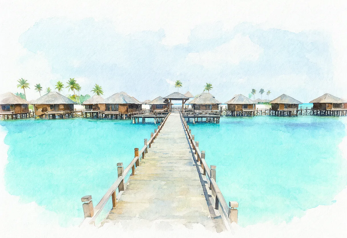 A watercolor illustration of a wooden pier leading to thatched overwater villas across a turquoise lagoon. (AI-generated)